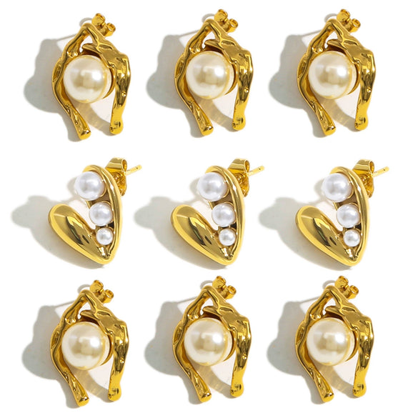 Pearl Titanium Steel Women's Heart And Geometric Rhombus Electroplating Antiallergic Earrings