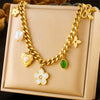 Pearl White Love Bow Emerald Oval Pendant Stainless Steel Necklace With Heart Shape Pattern And Electroplating Process