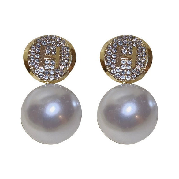 Pearl Zircon Geometric Letter Earrings Set With Pearls For Women French Highend Elegant Fashion Light Luxury