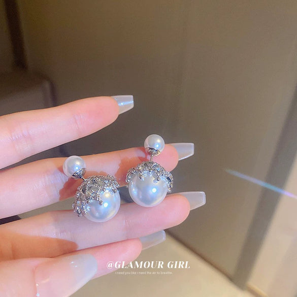 Pearl Zircon Geometric Letter Earrings Set With Pearls For Women French Highend Elegant Fashion Light Luxury