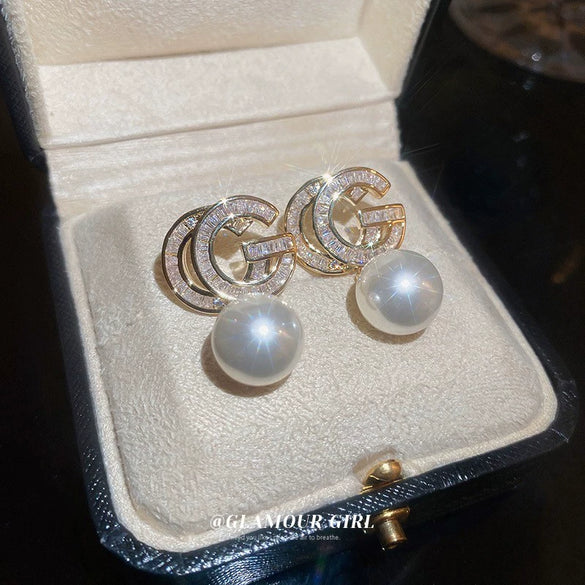 Pearl Zircon Geometric Letter Earrings Set With Pearls For Women French Highend Elegant Fashion Light Luxury