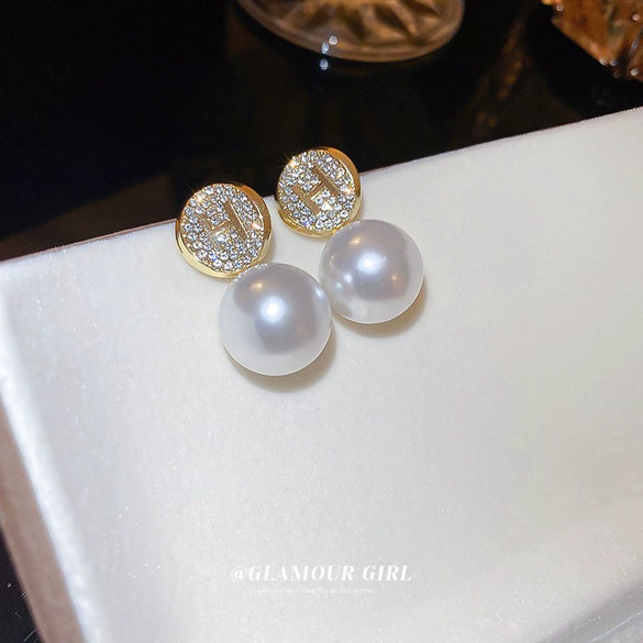 Pearl Zircon Geometric Letter Earrings Set With Pearls For Women French Highend Elegant Fashion Light Luxury