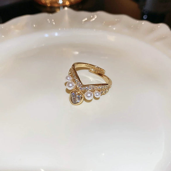 Pearl Zircon Splicing Butterfly Ring Real Gold Electroplated For Women With Animal Pattern