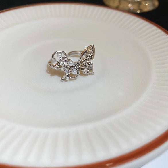 Pearl Zircon Splicing Butterfly Ring Real Gold Electroplated For Women With Animal Pattern