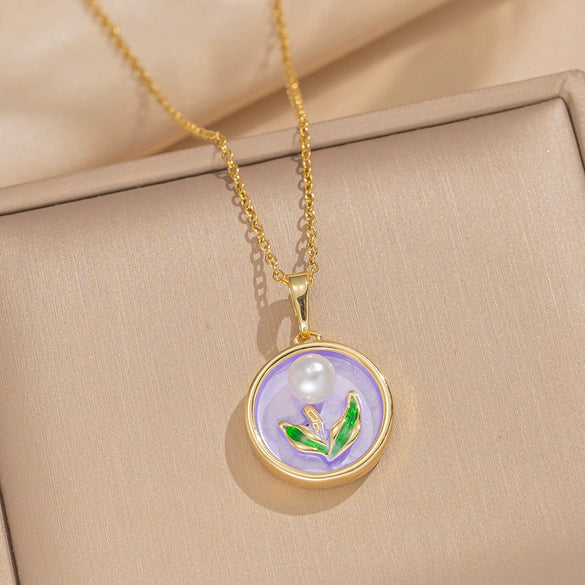 Pendant Accessories French Retro Imitation Pearl Oil Drop Light Luxury Enamel Painted Flower Copper Titanium Steel Electroplated O Word Chain