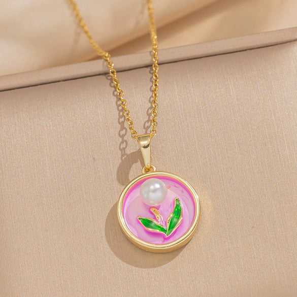 Pendant Accessories French Retro Imitation Pearl Oil Drop Light Luxury Enamel Painted Flower Copper Titanium Steel Electroplated O Word Chain