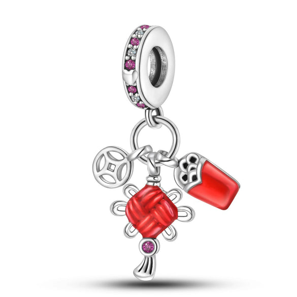 Pendant Beads New Copper Silver Plated Lion Dance Red Lantern Fortune Cat Festival Elements Dripping Oil Design