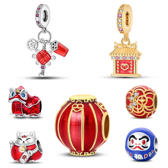 Pendant Beads New Copper Silver Plated Lion Dance Red Lantern Fortune Cat Festival Elements Dripping Oil Design