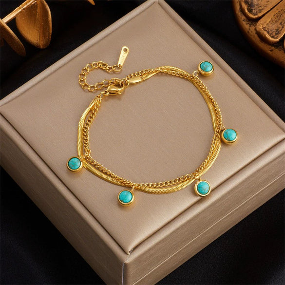 Pendant Bracelet Stainless Steel Geometric Blue Turquoise Retro Electroplating Oval Accessories