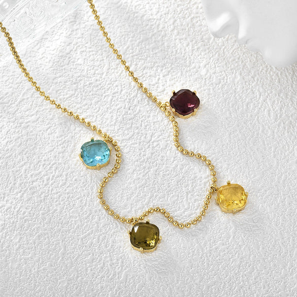 Pendant Chain Copper Geometric Inlaid Rainbow Glass Stone For Women