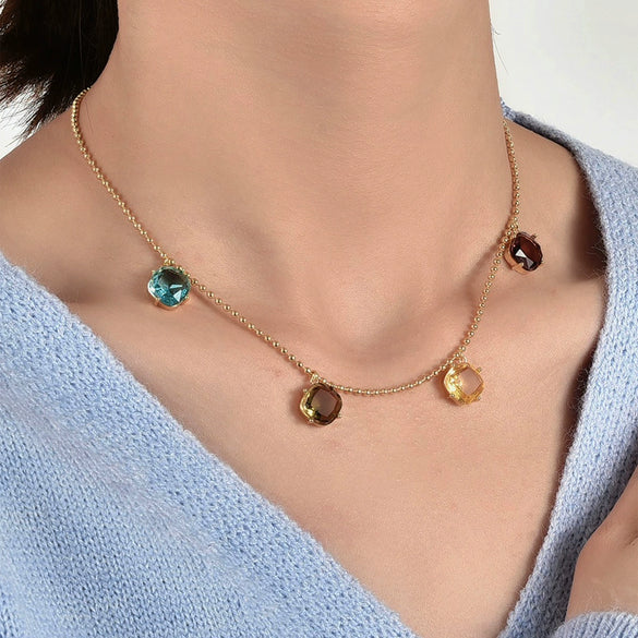 Pendant Chain Copper Geometric Inlaid Rainbow Glass Stone For Women