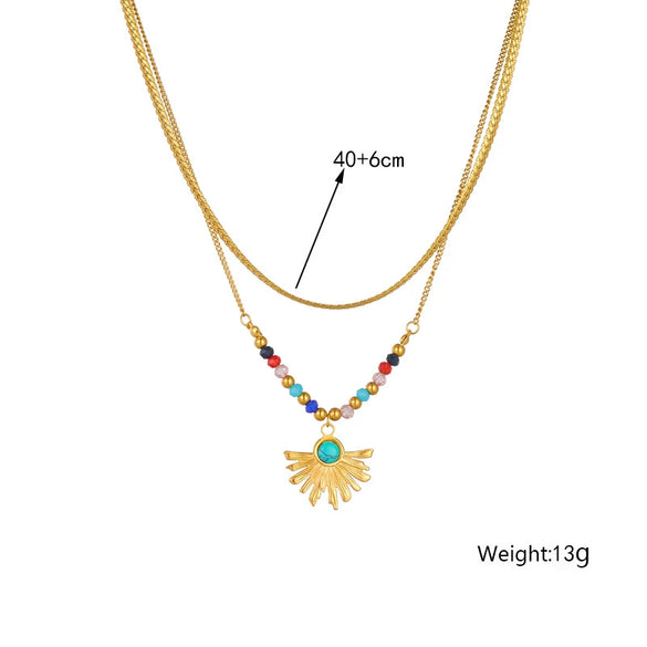 Pendant Chain Necklace Stainless Steel Gold Plated Colorful Beaded Fan Shaped Turquoise