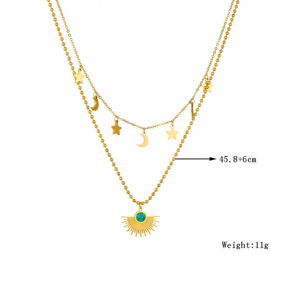 Pendant Clavicle Chain Stainless Steel Goldplated Retro Fashion Sun Star Moon Double Layer Stacking Women's Necklace
