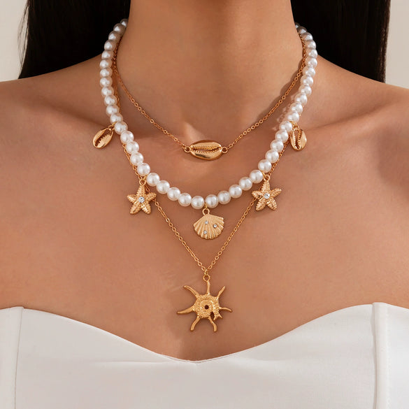 Pendant Collarbone Necklace Alloy Imitation Pearl Beaded Geometric Electroplating Starfish Shell Women's