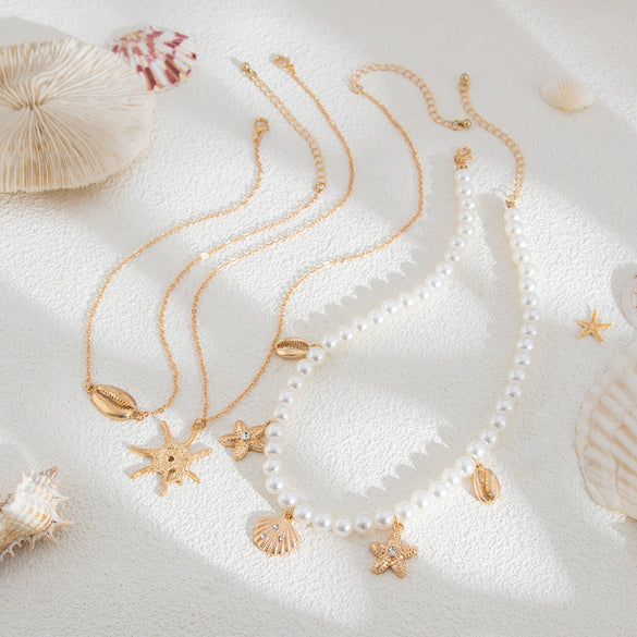 Pendant Collarbone Necklace Alloy Imitation Pearl Beaded Geometric Electroplating Starfish Shell Women's