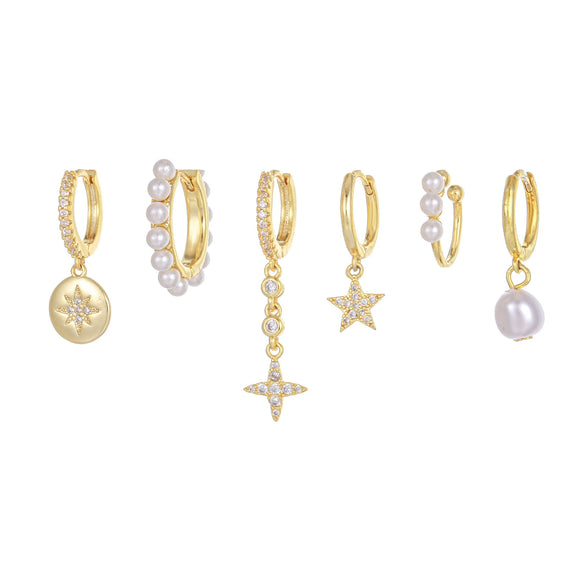 Pendant Earrings Copper Pearl Star Geometric Style Six Piece Set