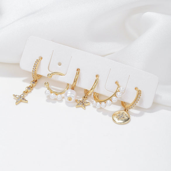 Pendant Earrings Copper Pearl Star Geometric Style Six Piece Set