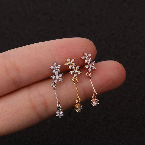 Pendant Earrings Stainless Steel Flower Inlaid Zircon Women's