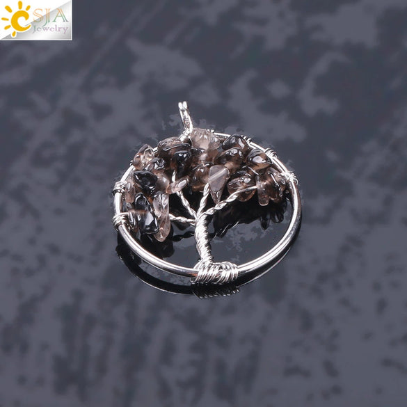 Pendant Jewelry Handmade With Natural Crystal Semi Precious Stone And Tree Of Life Design Electroplated