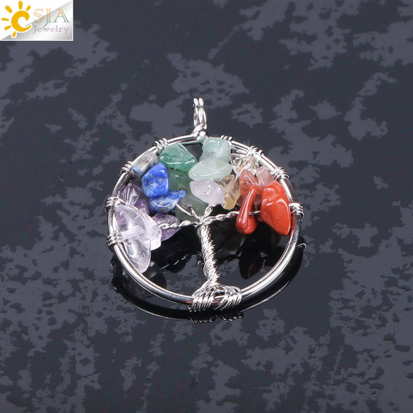 Pendant Jewelry Handmade With Natural Crystal Semi Precious Stone And Tree Of Life Design Electroplated