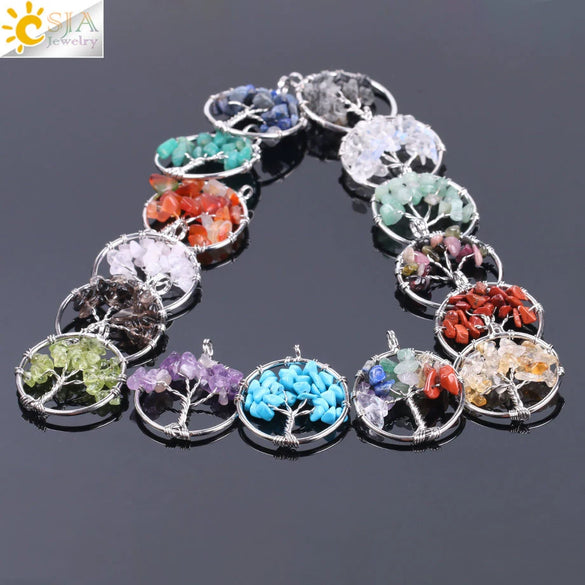Pendant Jewelry Handmade With Natural Crystal Semi Precious Stone And Tree Of Life Design Electroplated