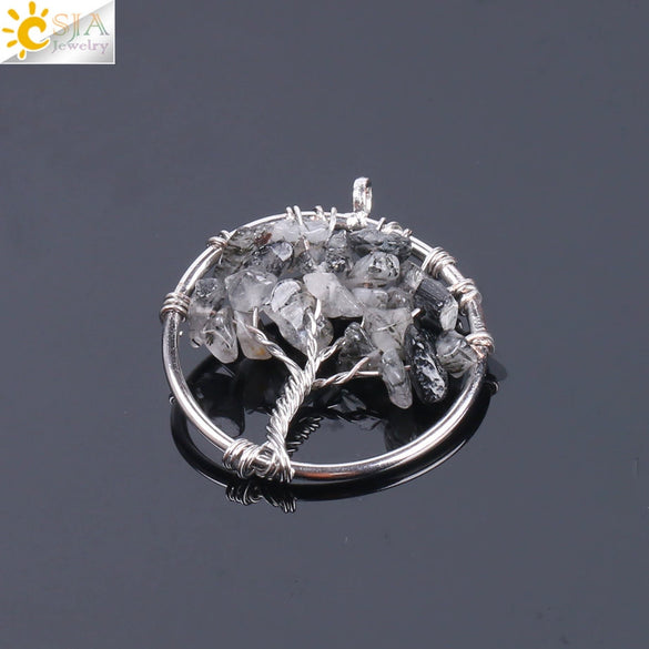 Pendant Jewelry Handmade With Natural Crystal Semi Precious Stone And Tree Of Life Design Electroplated