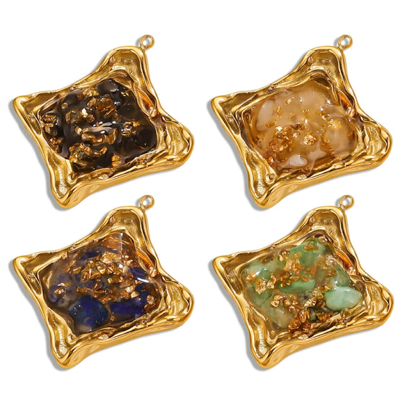 Pendant Natural Stone Gravel Glued Titanium Steel Plated 18K Gold Niche Style