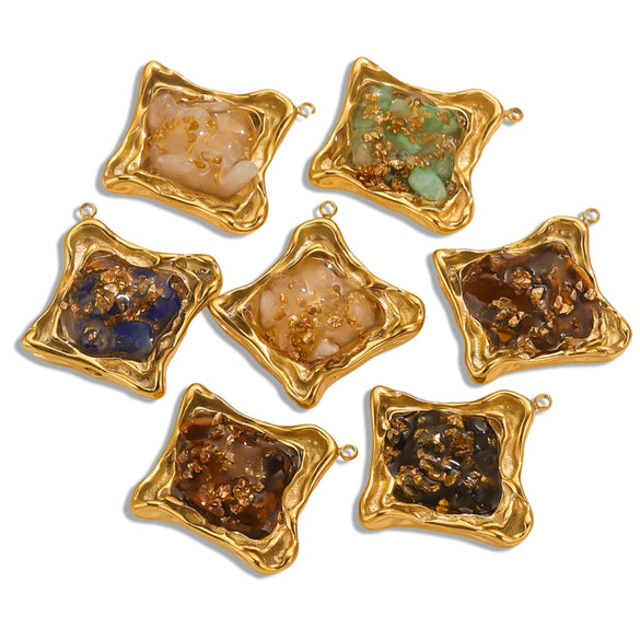 Pendant Natural Stone Gravel Glued Titanium Steel Plated 18K Gold Niche Style