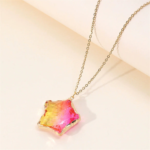 Pendant Necklace Alloy Crystal Color Fluorite Fivepointed Star Stainless Steel O Subchain Environmentally Friendly Women's