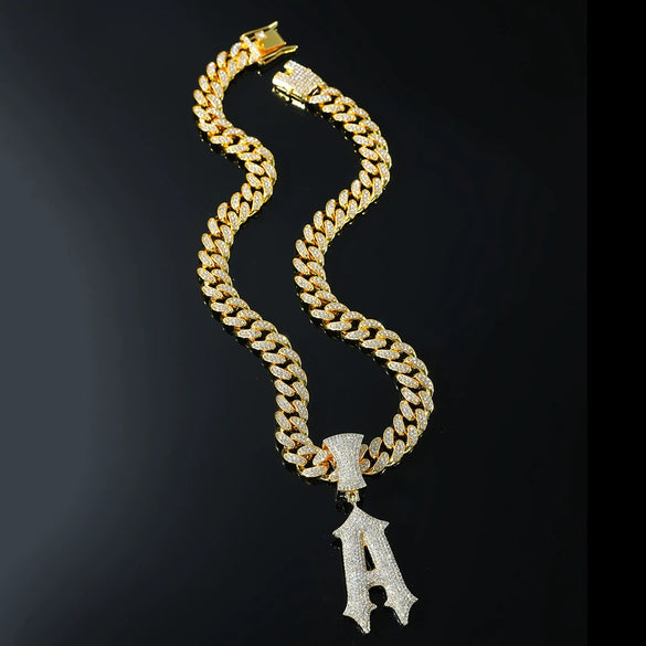 Pendant Necklace Alloy Diamond Hiphop Style Letter Pendant Jewelry For Men Cuban Chain