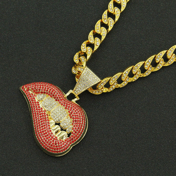 Pendant Necklace Alloy Geometric Diamond Pink Lip Diamond Tooth Cuban Chain For Men