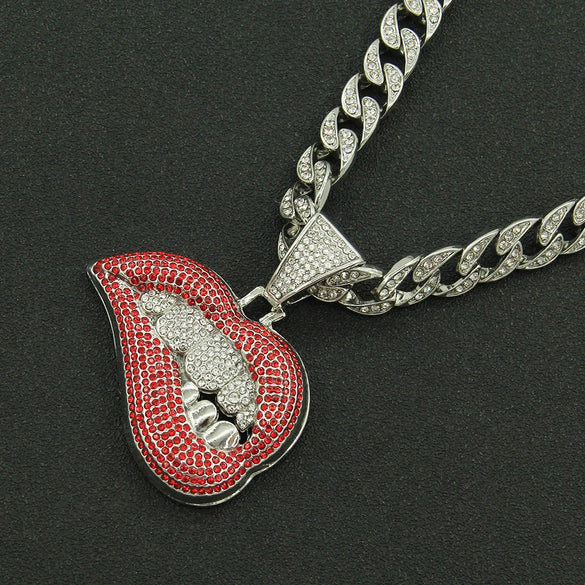Pendant Necklace Alloy Geometric Diamond Pink Lip Diamond Tooth Cuban Chain For Men