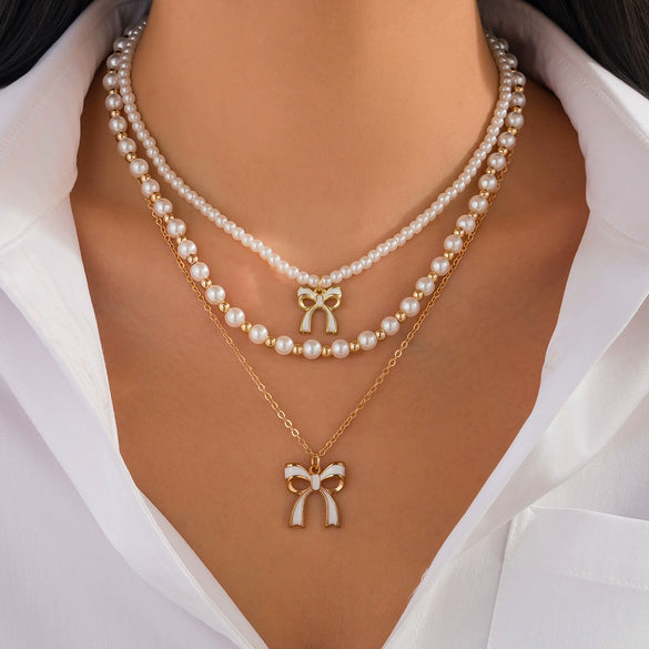 Pendant Necklace Alloy Imitation Pearl Bow Shape Electroplating For Women