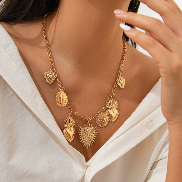 Pendant Necklace Alloy Imitation Pearl Metal Love Heart Shape Geometric Electroplating