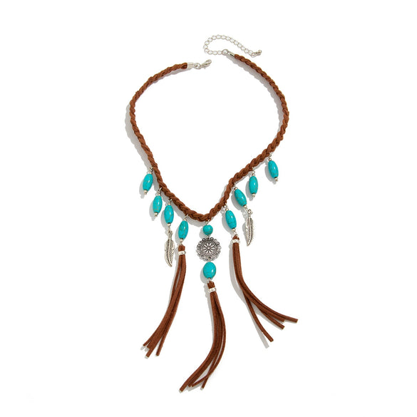 Pendant Necklace Alloy Imitation Turquoise Geometric Electroplating Braided Tassel Velvet Women's Horse Whip Chain