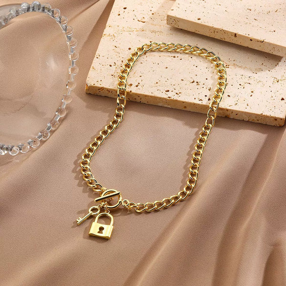Pendant Necklace Alloy Ochain Heart Geometric Simple Punk Electroplating Lock Key Style For Women