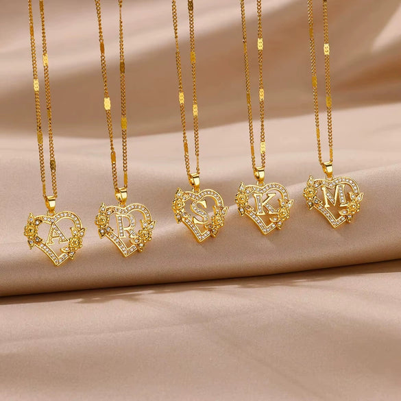 Pendant Necklace Copper Hollow Love Flowers Letters Numbers Text Diamond Design Bamboo Chain