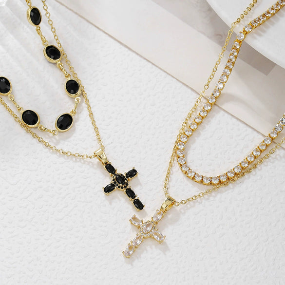 Pendant Necklace Copper Inlaid With Zircon Geometric Electroplating Doublelayer Stacked Chain