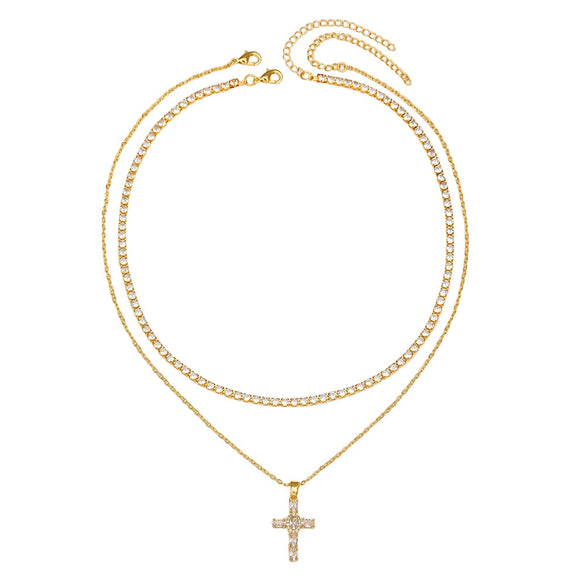 Pendant Necklace Copper Inlaid With Zircon Geometric Electroplating Doublelayer Stacked Chain