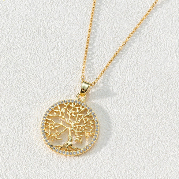Pendant Necklace Copper 18K Goldplated Zircon Round Cut Out Tree Of Life Leaves Styling Ochain