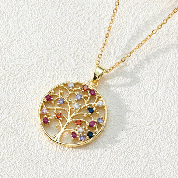 Pendant Necklace Copper 18K Goldplated Zircon Round Cut Out Tree Of Life Leaves Styling Ochain