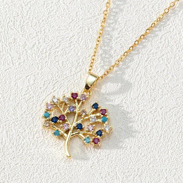Pendant Necklace Copper 18K Goldplated Zircon Round Cut Out Tree Of Life Leaves Styling Ochain