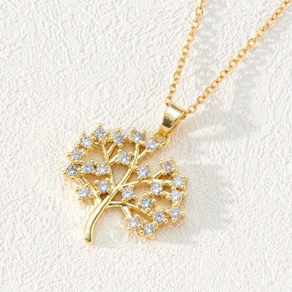Pendant Necklace Copper 18K Goldplated Zircon Round Cut Out Tree Of Life Leaves Styling Ochain