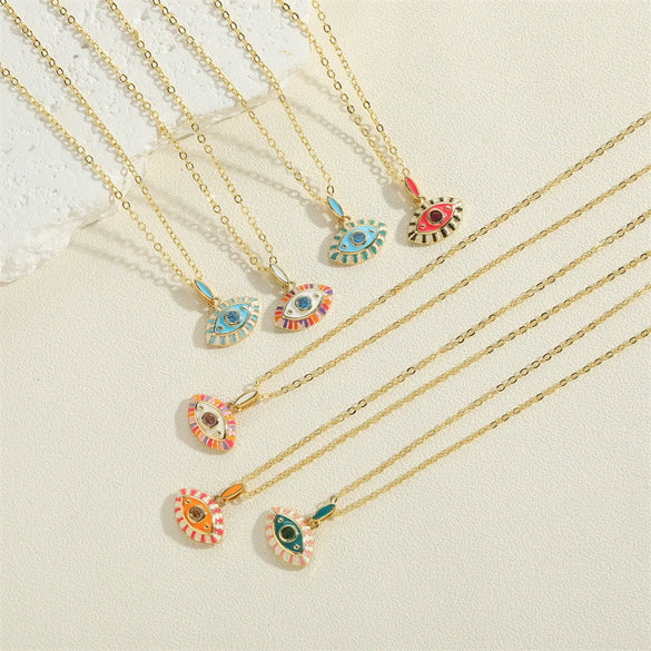 Pendant Necklace Copper Mixed Gem Inlay Dripping Oil Devil's Eye Design Ochain For Women