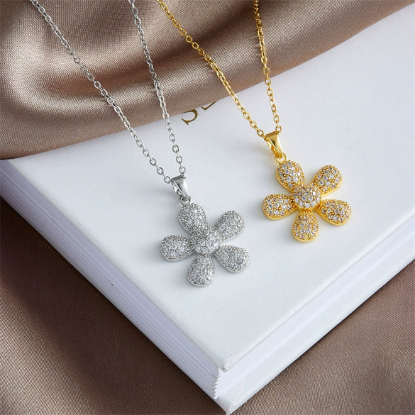 Pendant Necklace Copper Mixed Gem Inlay Electroplating Sunflower Leaves Light Luxury Style For Women