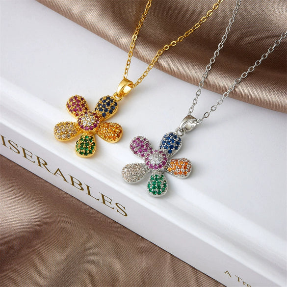 Pendant Necklace Copper Mixed Gem Inlay Electroplating Sunflower Leaves Light Luxury Style For Women
