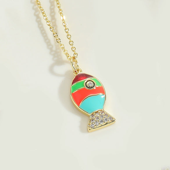 Pendant Necklace Copper Mixed Gemstone Setting Electroplating Daisy Shape Small Fish Design Women's