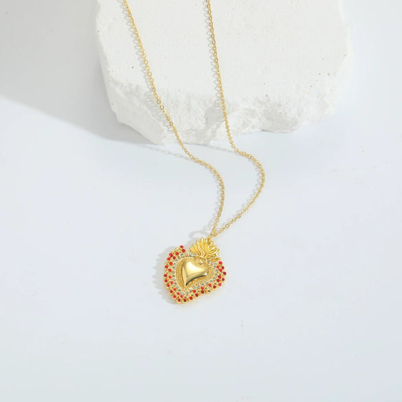 Pendant Necklace Copper Mixed Gemstone Setting Heart Shape Electroplating Simple Style Women's