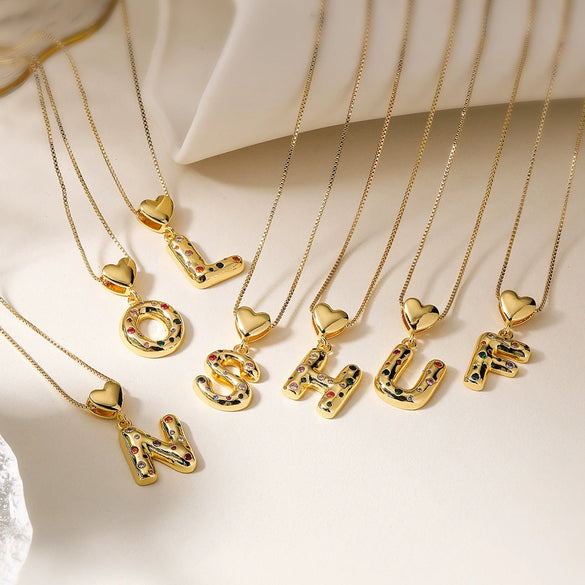 Pendant Necklace Copper Plated 18K Gold Set Zircon Geometric Letter Design
