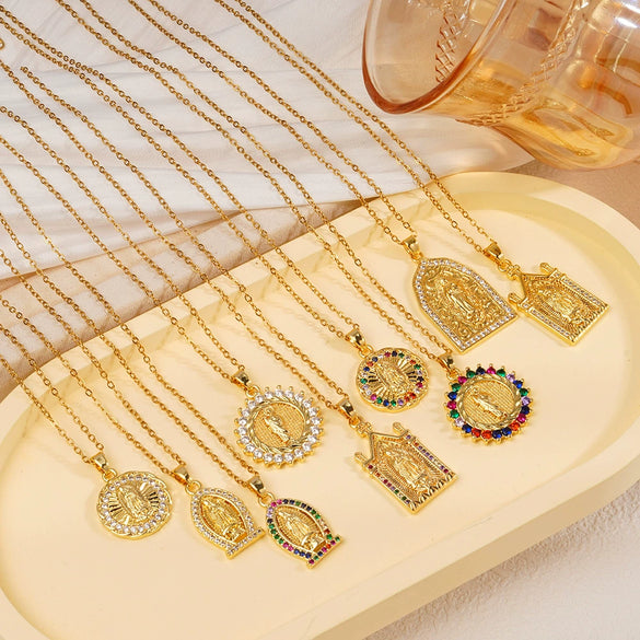 Pendant Necklace Copper Plated Real Gold Light Luxury Geometric Mixed Gemstone Setting Jewelry O Word Chain